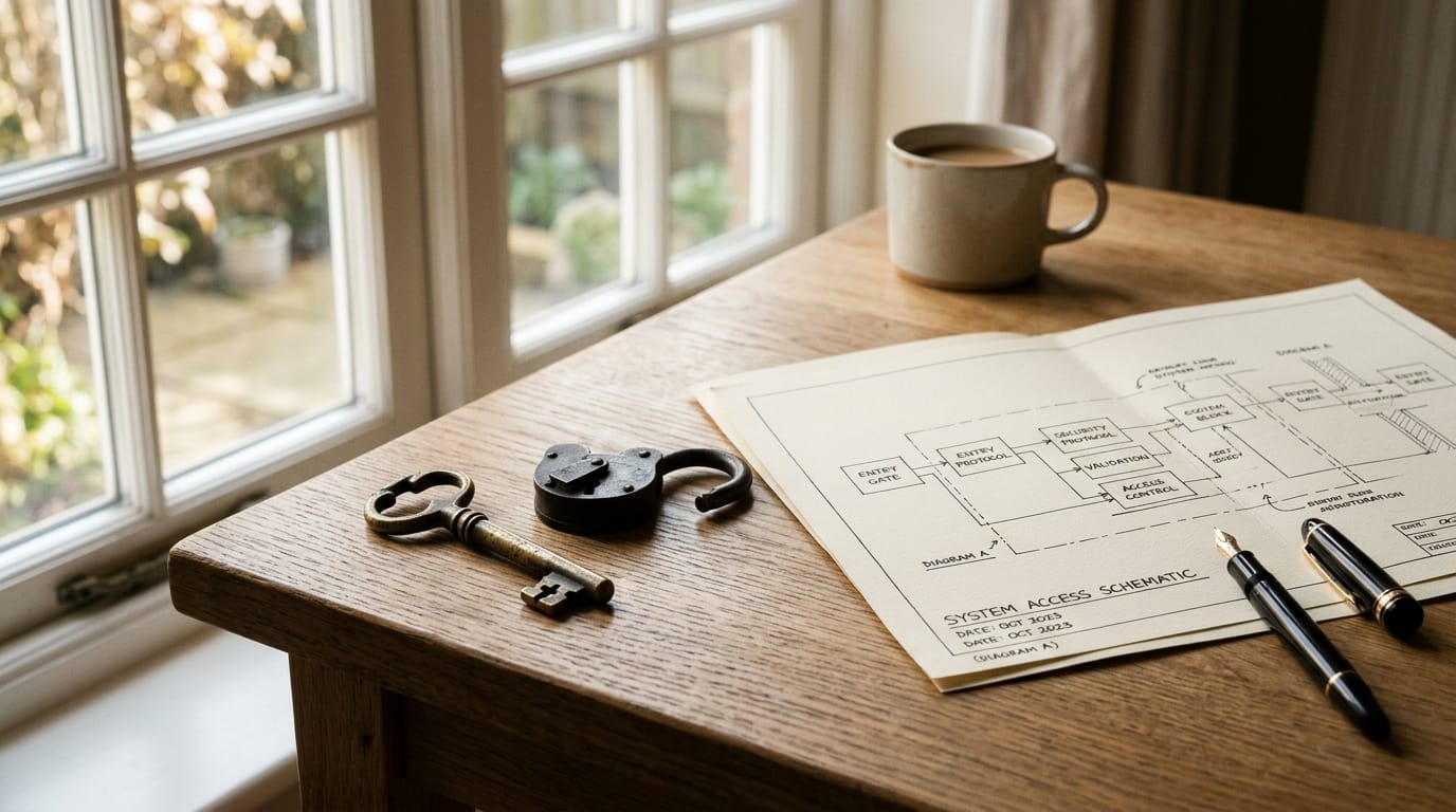 Vintage brass key resting intact next to an open padlock and technical architectural blueprints
